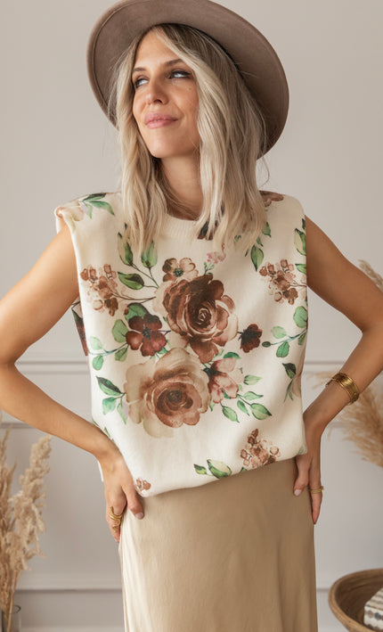 Falling For Flowers Beige/Rusty - Sleeveless Sweater