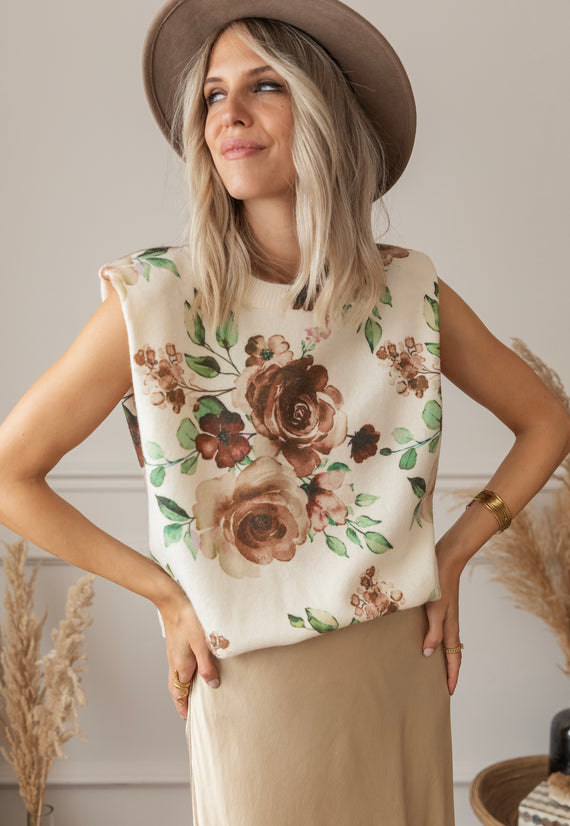 Falling For Flowers Beige/Rusty - Sleeveless Sweater