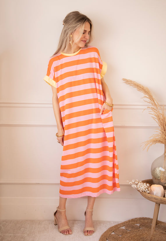 Stripe Me Happy Orange/Baby Pink - Maxi Jurk