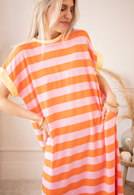 Stripe Me Happy Orange/Baby Pink - Maxi Jurk