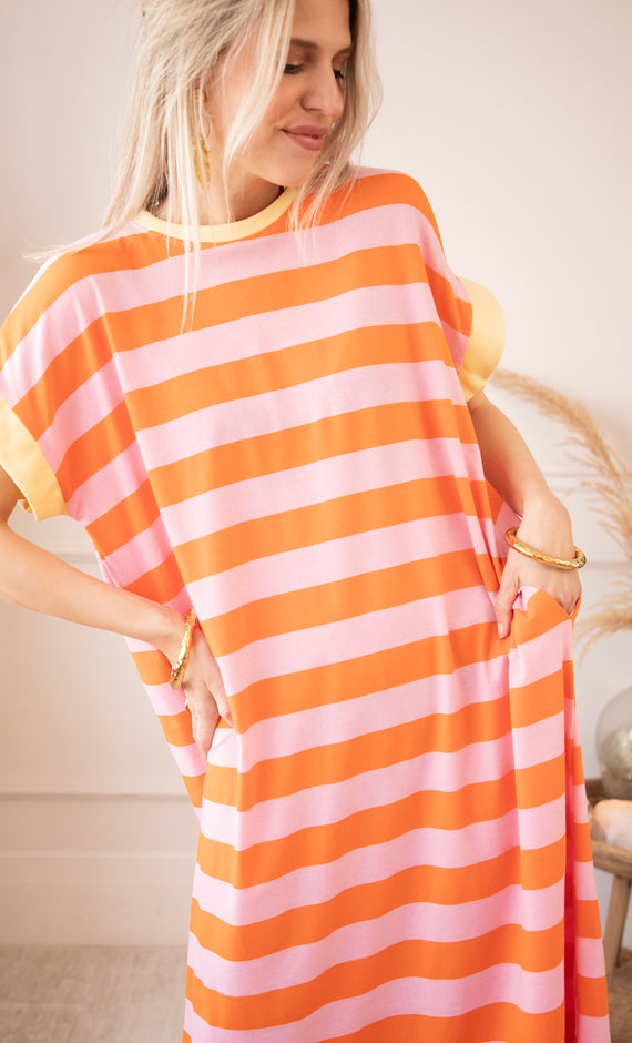 Stripe Me Happy Orange/Baby Pink - Maxi Jurk