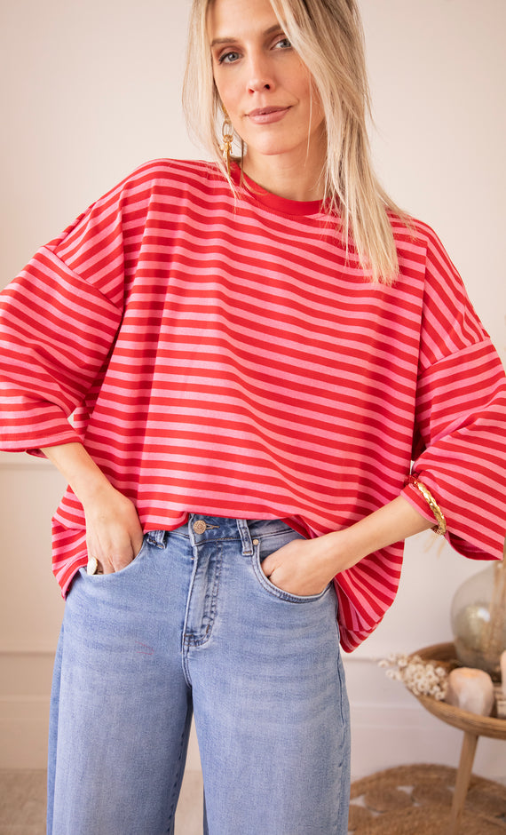 Sadie Stripe Bow Pink/Red - T-Shirt