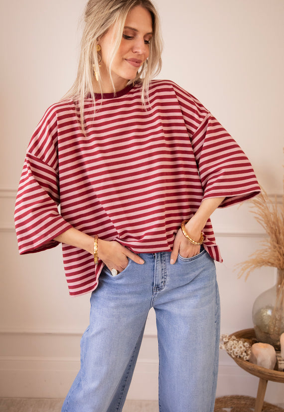 Sadie Stripe Bow Pink/Bordeaux - T-Shirt