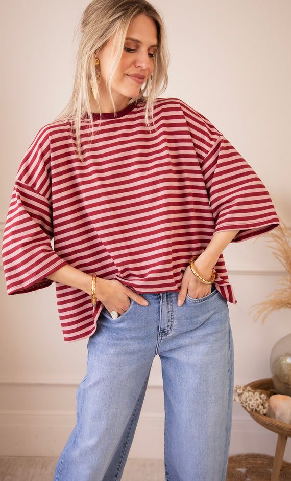 Sadie Stripe Bow Pink/Bordeaux - T-Shirt
