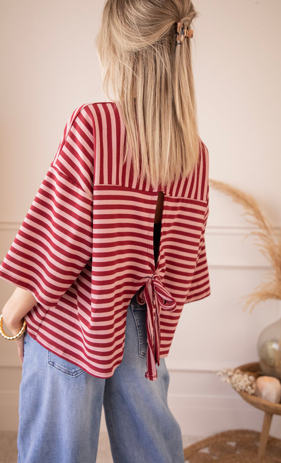 Sadie Stripe Bow Pink/Bordeaux - T-Shirt