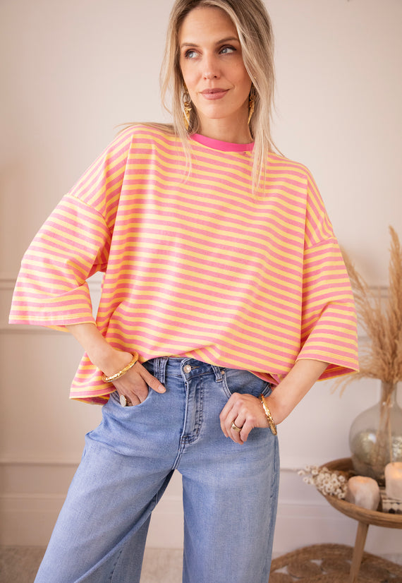 Sadie Stripe Bow Pink/Yellow - T-Shirt