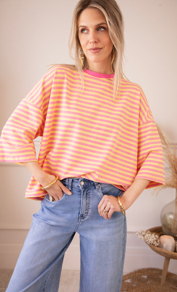 Sadie Stripe Bow Pink/Yellow - T-Shirt