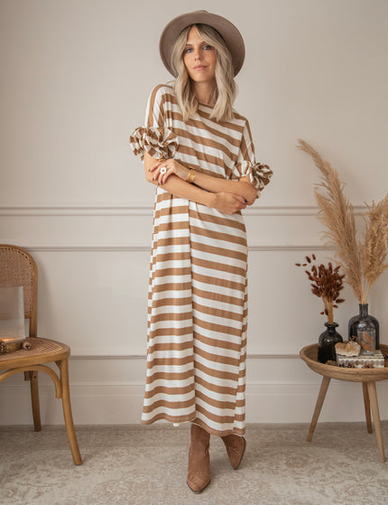 Zebrina Camel/White - Maxi Jurk