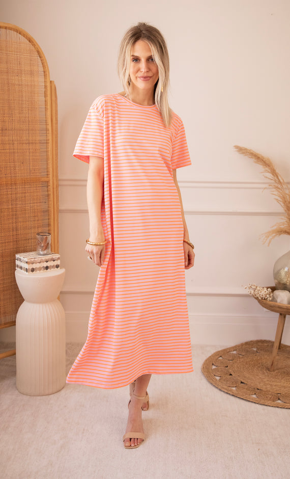 Sadie Stripe Baby Pink/Orange - Maxi Jurk