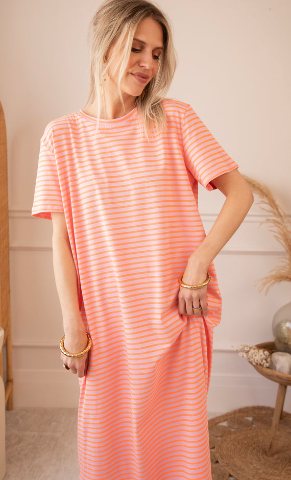 Sadie Stripe Baby Pink/Orange - Maxi Jurk