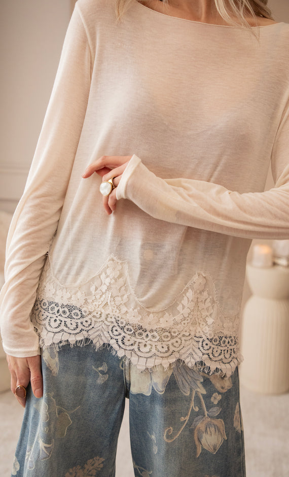 Langarmshirt - Fine Lace - Beige