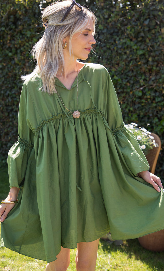 Feline Pleated Green - Jurk