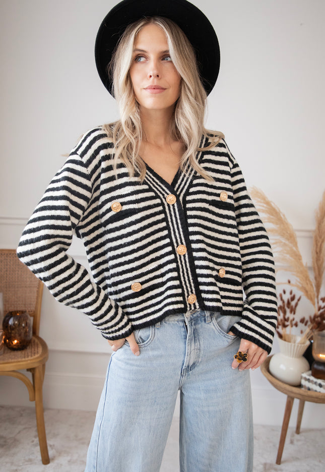 Strickjacke - Simone Stripe - Schwarz/Weiß