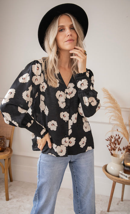 Bluse - Cecile Floral - Schwarz/Weiß