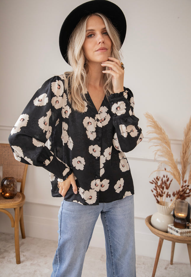 Bluse - Cecile Floral - Schwarz/Weiß