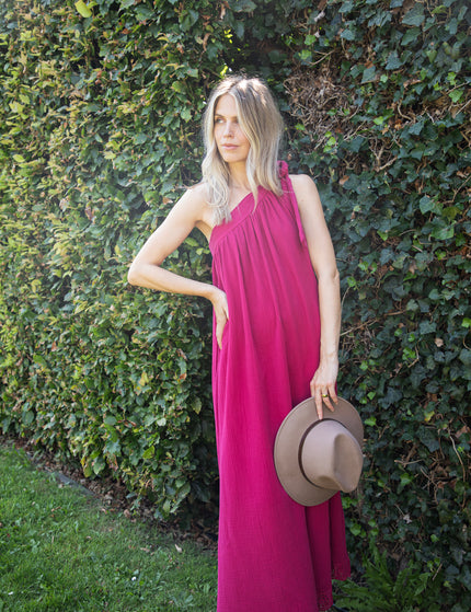 Bow One Shoulder Fuchsia - Maxi Dress