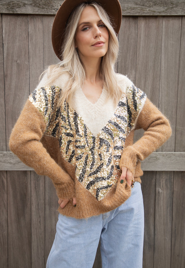 Zabrina Sequins Camel - Sweater