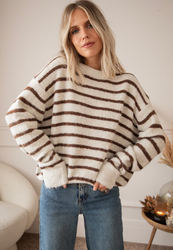 Samantha Stripe Beige/Choco - Trui