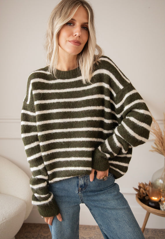Samantha Stripe Kaki/Beige - Trui
