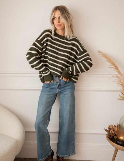 Samantha Stripe Kaki/Beige - Trui