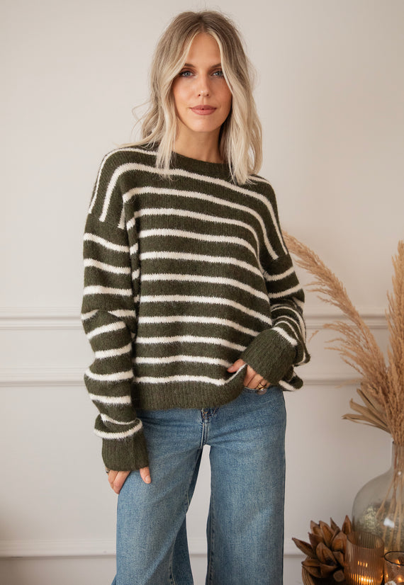 Samantha Stripe Kaki/Beige - Trui