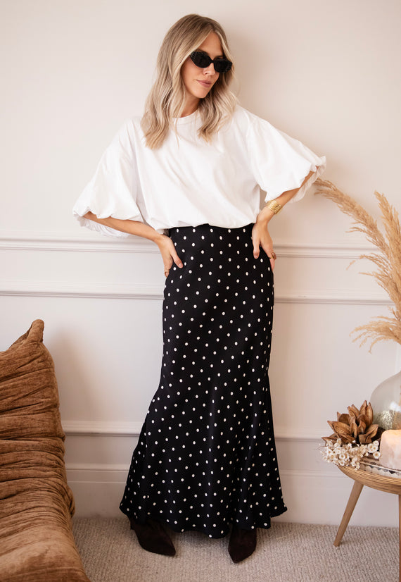 Silky Dots Black/Off White - Maxi Skirt