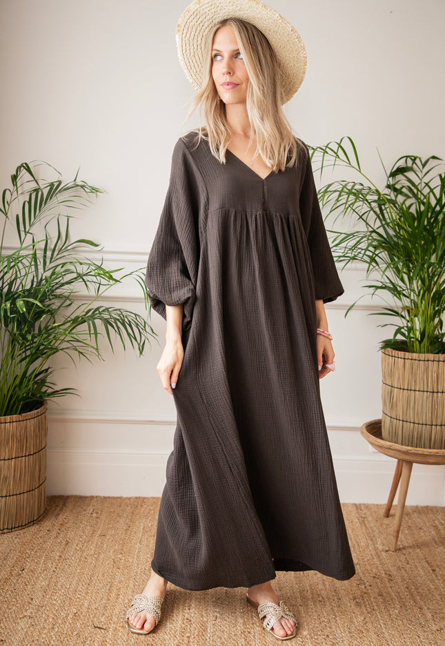 Maud Tetra Dark Brown - Maxi Jurk