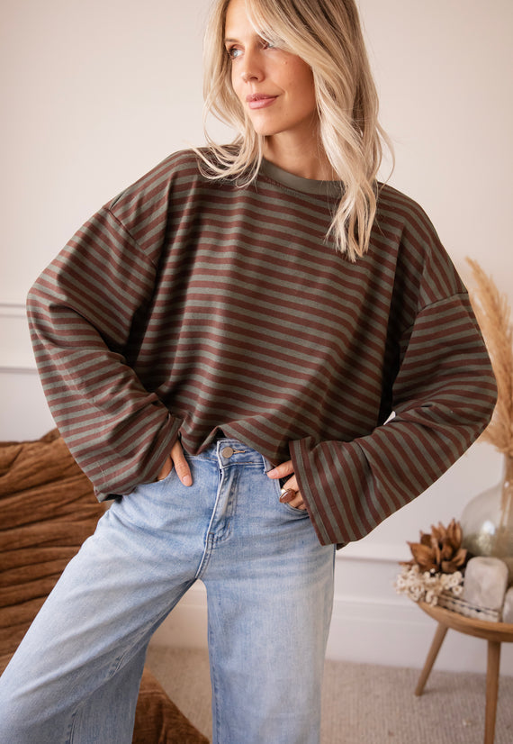 Langarmshirt - Sadie Stripe - Khaki/Braun