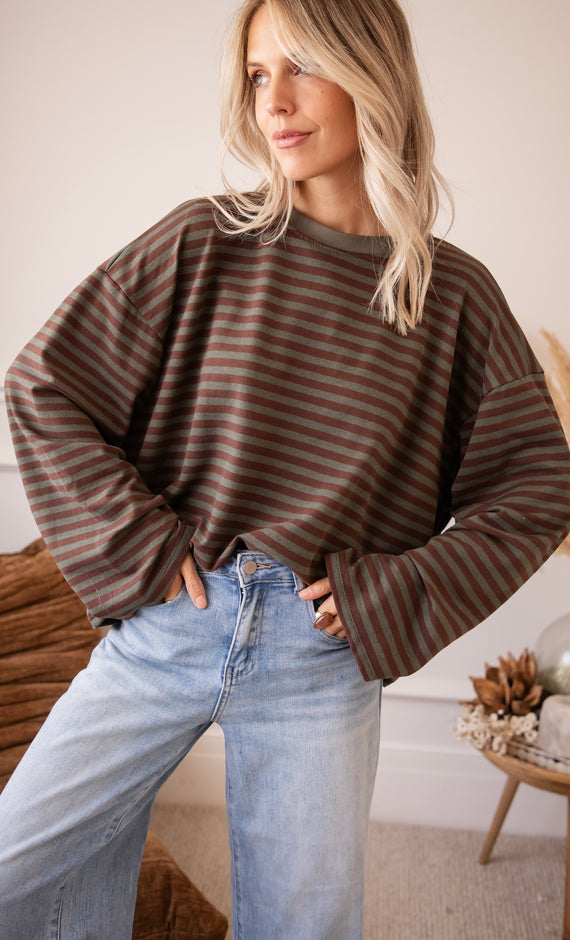 Sadie Stripe Kaki/Brown - Longsleeve