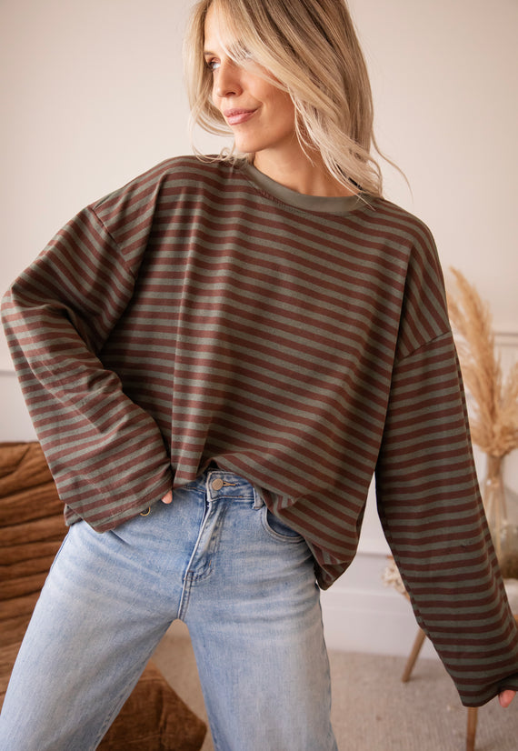 Langarmshirt - Sadie Stripe - Khaki/Braun