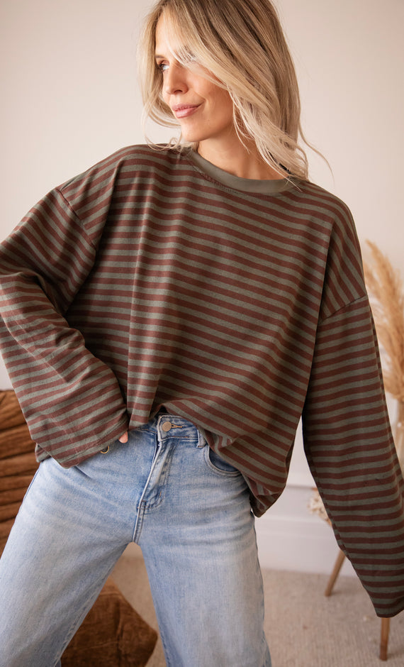 Sadie Stripe Kaki/Brown - Longsleeve