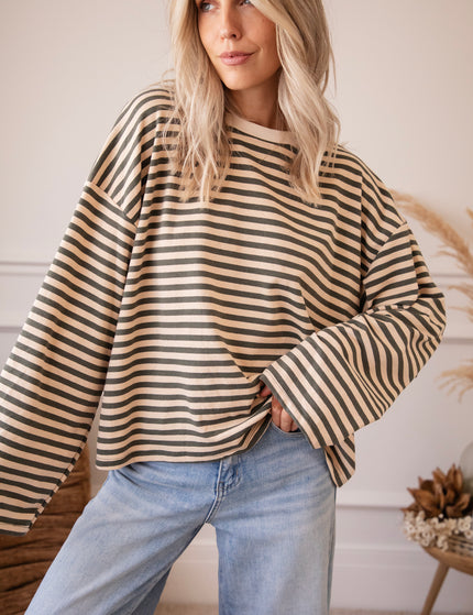 Langarmshirt - Sadie Stripe - Beige/Kaki