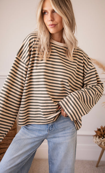 Langarmshirt - Sadie Stripe - Beige/Kaki