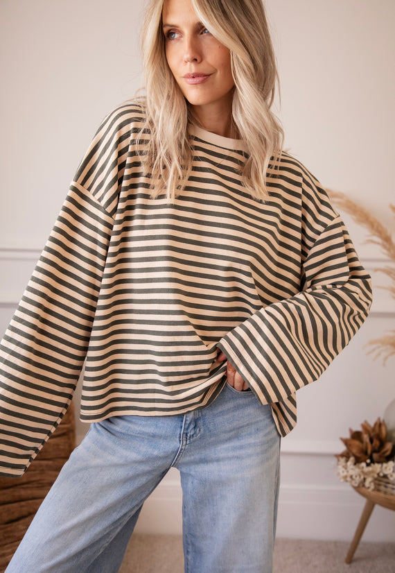 Langarmshirt - Sadie Stripe - Beige/Kaki