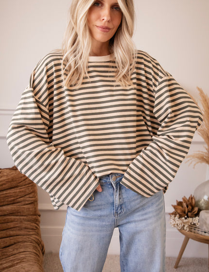 Langarmshirt - Sadie Stripe - Beige/Kaki