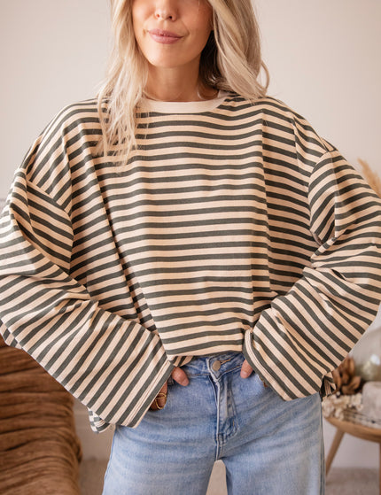 Langarmshirt - Sadie Stripe - Beige/Kaki