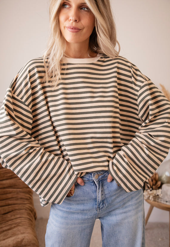 Langarmshirt - Sadie Stripe - Beige/Kaki