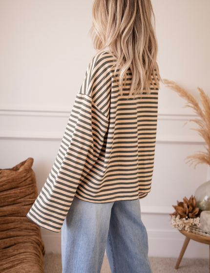 Langarmshirt - Sadie Stripe - Beige/Kaki