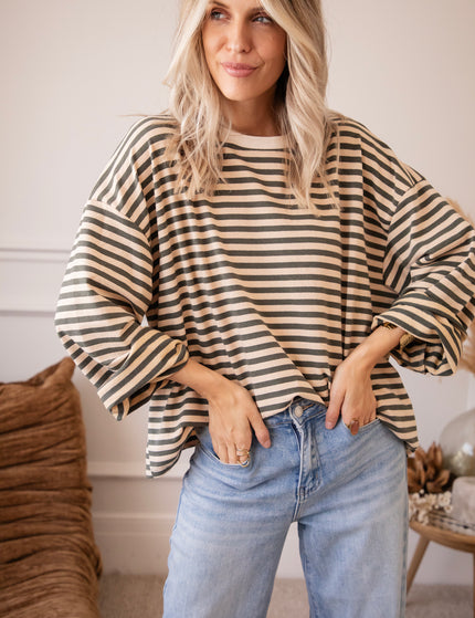 Langarmshirt - Sadie Stripe - Beige/Kaki