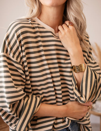 Langarmshirt - Sadie Stripe - Beige/Kaki
