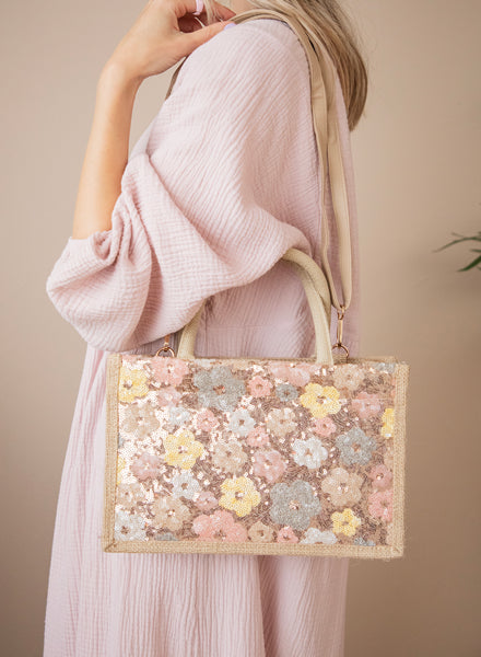 Handtasche - Shimmer Flowers Jute - Sand/Rosa