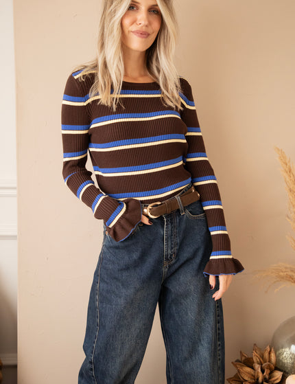 Langarmshirt - Campus Stripes - Braun/Blau
