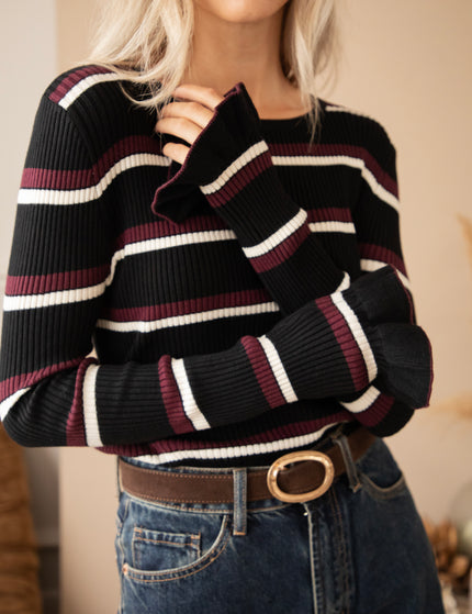 Langarmshirt - Campus Stripes - Schwarz/Bordeaux