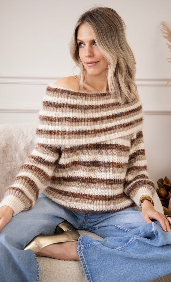 Blanche Off Shoulder Brown/Beige - Trui