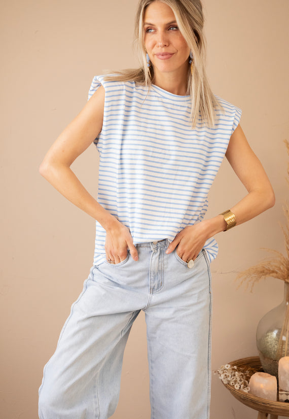 Sadie Stripe Epaulettes Off White/Baby Blue - Top