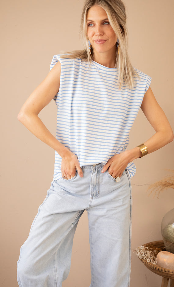 Sadie Stripe Epaulettes Off White/Baby Blue - Top