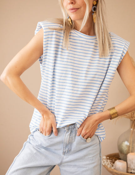 Sadie Stripe Epaulettes Off White/Baby Blue - Top
