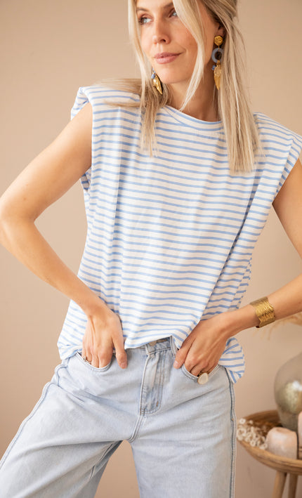 Sadie Stripe Epaulettes Off White/Baby Blue - Top