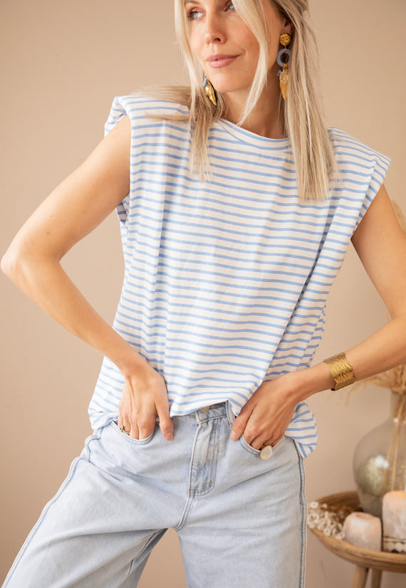 Sadie Stripe Epaulettes Off White/Baby Blue - Top