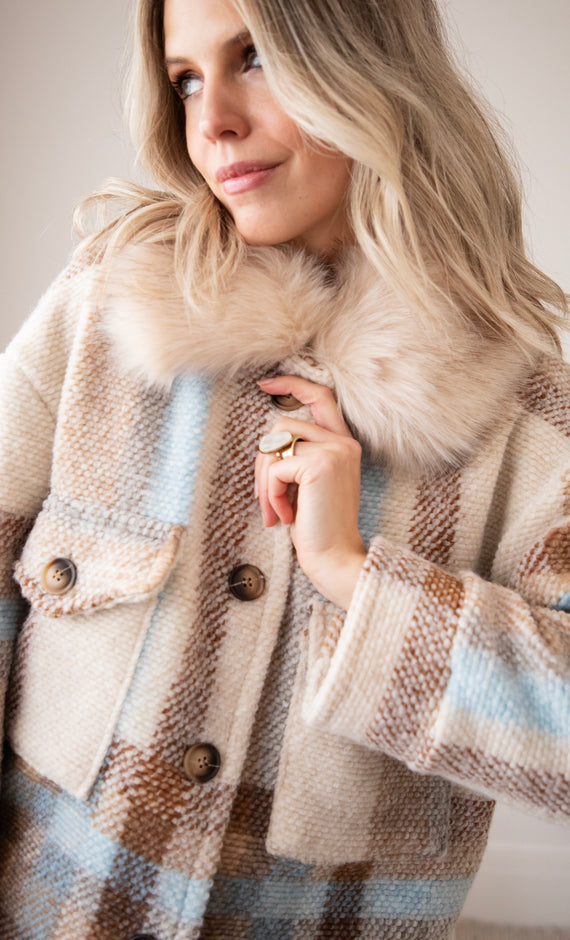 Woolly Plaid Beige/Blue - Coat